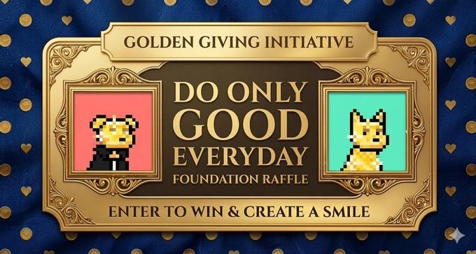 A golden ticket advertisement for the 'GOLDEN GIVING INITIATIVE' features pixel art dog characters and reads 'DO ONLY GOOD EVERYDAY FOUNDATION RAFFLE - ENTER TO WIN & CREATE A SMILE'.