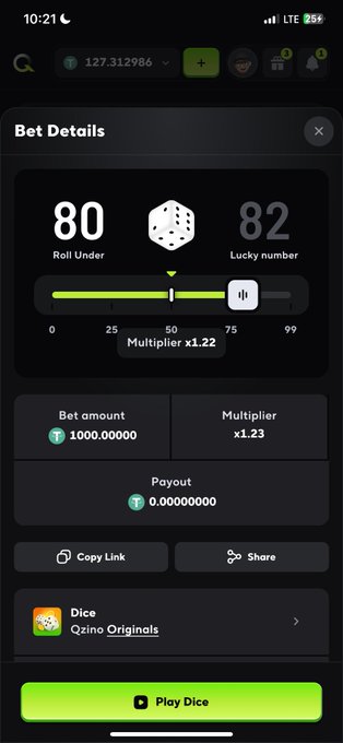 A mobile screenshot of a dice betting interface on Qzino Originals showing Bet Details with a Roll Under of 80, Lucky number 82, a multiplier of x1.22, and a bet amount of 1000.000000 T (Tether).