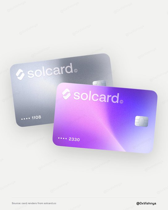 Two SolCard credit cards are displayed, one silver with the number "1108" and one purple with "2330," both featuring the SolCard logo and EMV chips. The image relates to the post by showing the actual SolCard product being criticized for its 48-hour withdrawal delay, as the silver card in front visually represents the service that supposedly takes two days to return users' own money.
