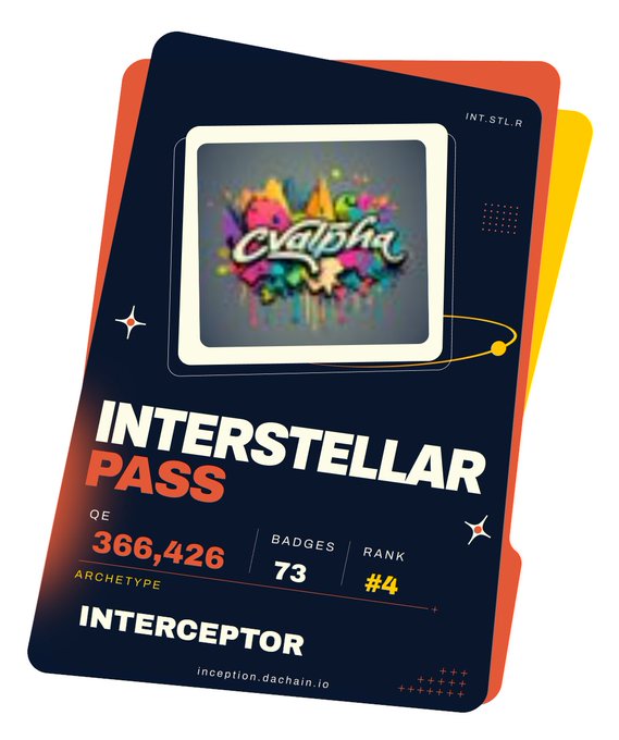 A digital card titled 'INTERSTELLAR PASS' with an 'INT. STLR' label, featuring colorful graffiti-style artwork, a QE score of 366,426, 73 badges, a rank of #4, the archetype 'INTERCEPTOR', and the URL 'inception.dachain.io'.