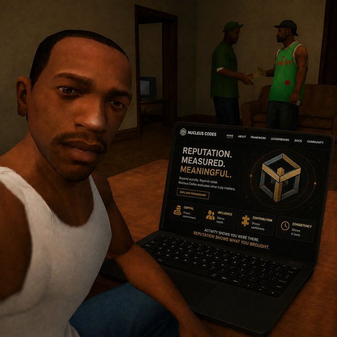 A man in a white tank top sits before a laptop displaying the "Nucleus Codes" website with the tagline "Reputation. Measured. Meaningful," while two other figures converse in the background room—visually reinforcing the post's message that true Web3 reputation comes from meaningful contributions rather than sheer wallet activity.