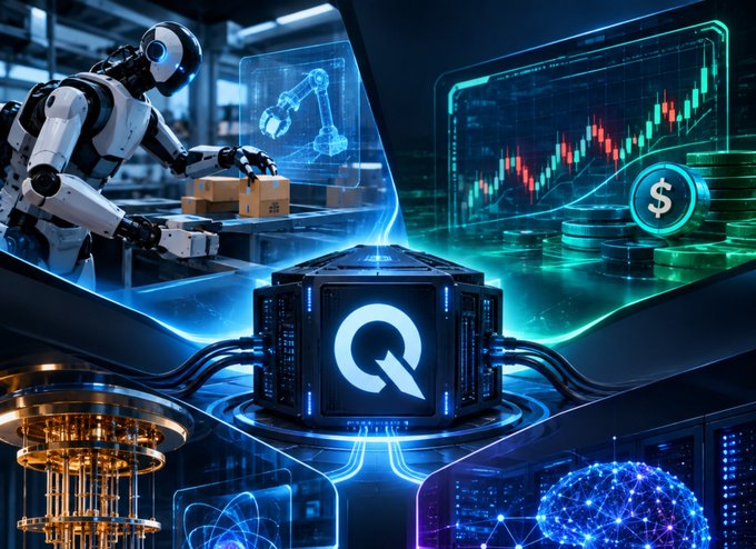 A digital artwork featuring a humanoid robot on a factory floor, a quantum computer with a 'Q' logo, financial trading charts with candlesticks, a dollar sign, and a glowing brain graphic.