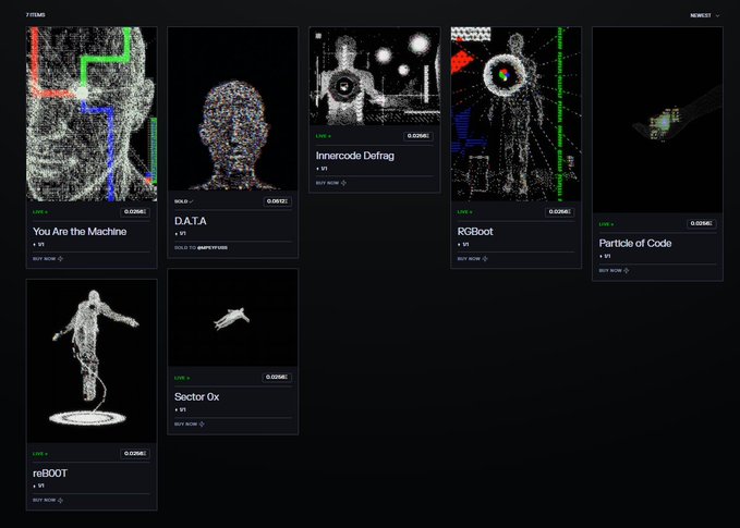 An NFT collection page displaying seven items titled 'You Are the Machine', 'D.A.T.A', 'Innercode Defrag', 'RGBoot', 'Particle of Code', 'reBOOT', and 'Sector 0x', all priced at 0.020€ on x0r.