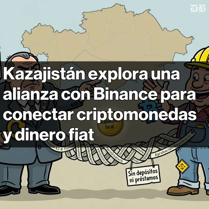 A cartoon illustration overlaid with Spanish text: "Kazajistán explora una alianza con Binance para conectar criptomonedas y dinero fiat", depicting a government official shaking hands with a worker.