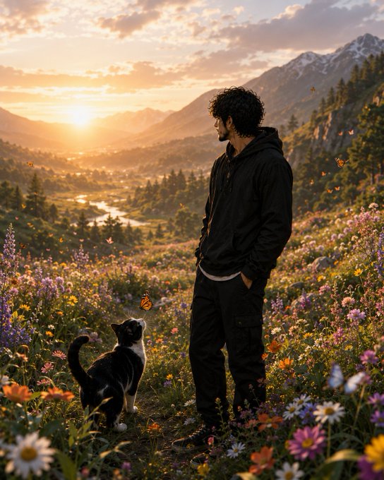 Scenic illustration of a man in dark clothing standing in a vibrant wildflower meadow with a black and white cat and monarch butterflies, looking toward a sunset-lit mountain valley.