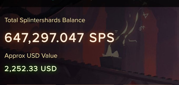 A digital wallet screen showing a 'Total Splintershards Balance' of '647,297.047 SPS' and an 'Approx USD Value' of '2,252.33 USD'.