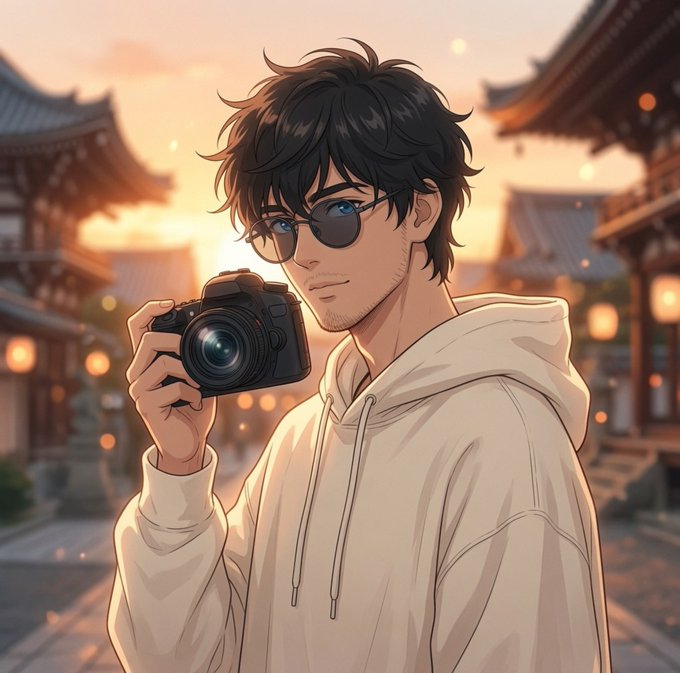 An anime-style illustration of a young man with black hair and round glasses, wearing a white hoodie and holding a camera in a traditional Japanese setting at sunset.