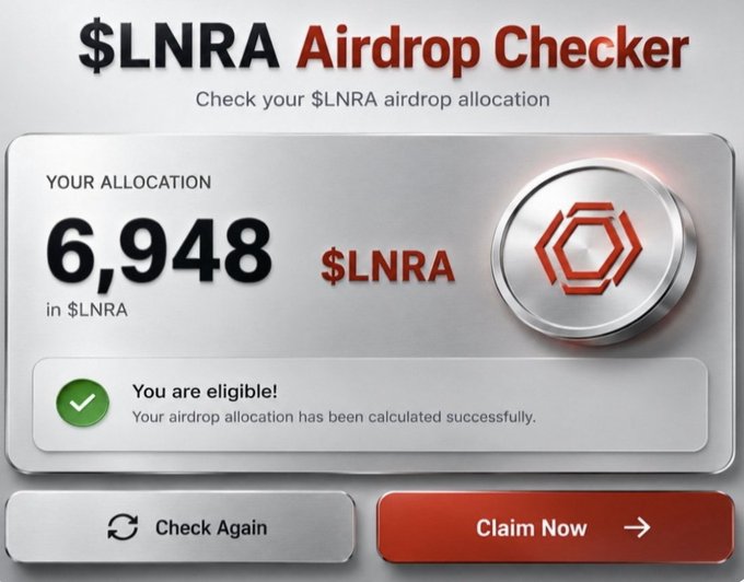 The image shows a "$LNRA Airdrop Checker" interface displaying an eligible allocation of 6,948 $LNRA tokens with a green "You are eligible!" confirmation and "Claim Now" button, directly illustrating the testnet reward distribution mentioned in the post about Linera's upcoming airdrop for community participants.