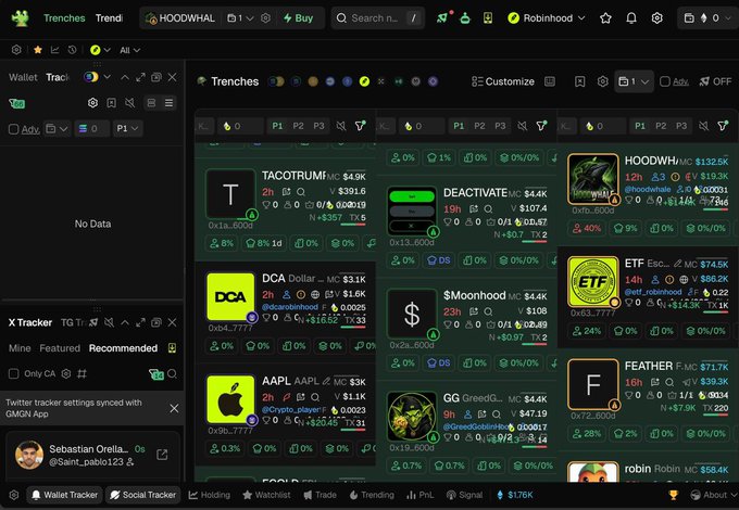 The image displays a crypto/trading tracker interface called "Trenches" showing various memecoins on the Robinhood chain, including tickers like $TACO, $DEACTIVATE, $DCA, $MOONHOOD, $ETF, $AAPL, $GG, and $FEATHER with their market caps and percentage changes. This relates to the post about GMGN dominating trading terminals and the emergence of a launchpad platform for the Robinhood ecosystem similar to Raydium/pump.fun for Solana, showcasing the growing retail activity on Robinhood chain with multiple trending tokens in a runner-style tracker.
