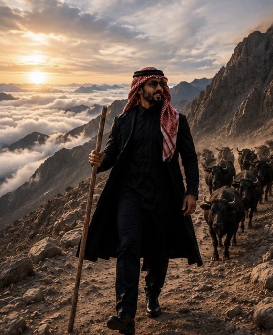 A man wearing traditional Middle Eastern attire (keffiyeh and black coat) holding a wooden staff, walking along a mountain path with a herd of dark cattle, set against a dramatic sunset with clouds.