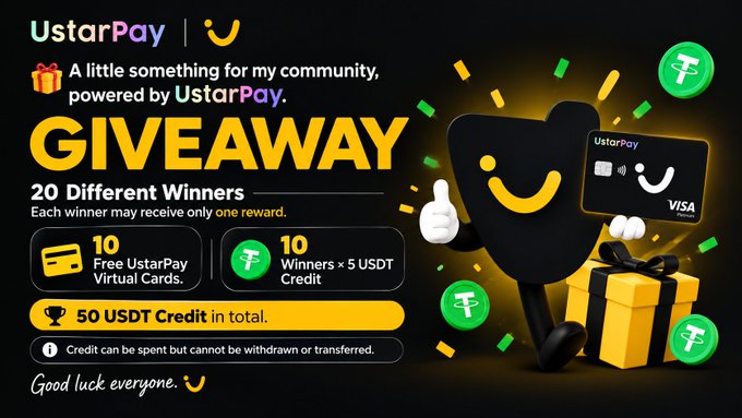 A UstarPay giveaway advertisement offering 20 winners rewards including 10 free UstarPay Virtual Cards and 10 winners × 5 USDT Credit (50 USDT Credit in total), noting credit can be spent but not withdrawn.