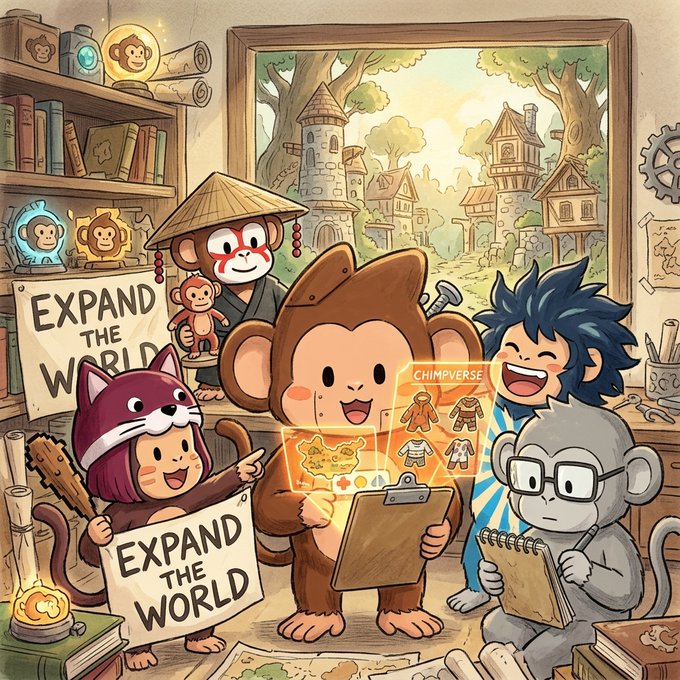 A cartoon illustration of chibi-style characters including a monkey, a person in a fox costume, a person in a monkey mask with a bamboo hat, and a monkey with glasses. They hold signs saying 'EXPAND THE WORLD' and a floating 'CHIMPVERSE' interface displaying clothing items.