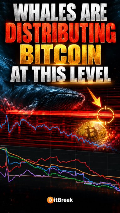 A BitBreak YouTube thumbnail with bold text reading 'WHALES ARE DISTRIBUTING BITCOIN AT THIS LEVEL', featuring a whale illustration, a Bitcoin coin with a target reticle, and a red-and-black chart with moving averages.