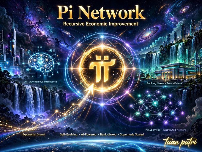 A promotional graphic for 'Pi Network' featuring the tagline 'Recursive Economic Improvement' and a central golden Pi logo, surrounded by cosmic imagery, futuristic cities, waterfalls, and text including 'AI - Autonomous Intelligence', 'Banking Nexus', and 'Tuan putri'.