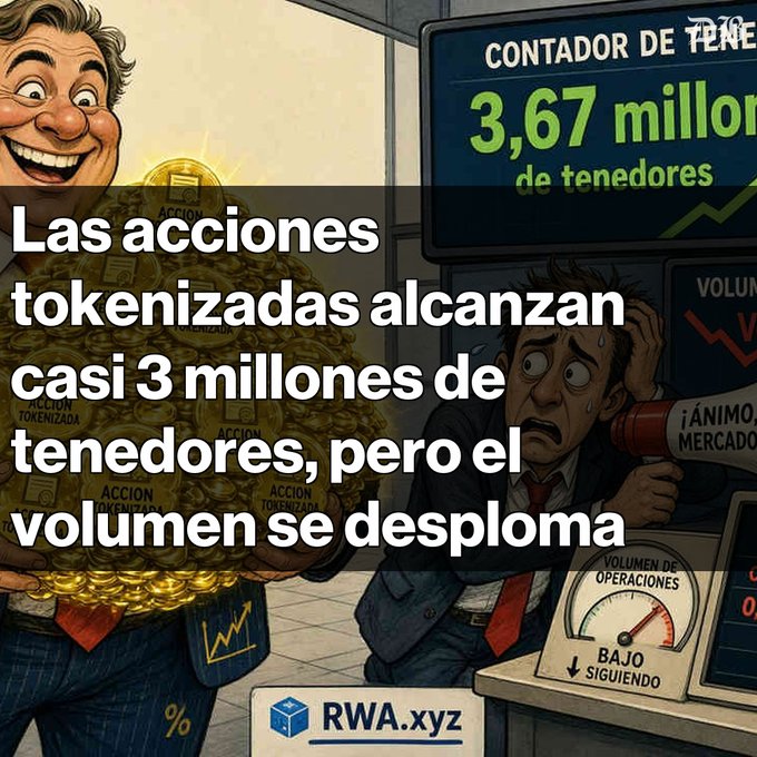 A cartoon illustration shows a worried man looking at a meter labeled "VOLUMEN DE OPERACIONES BAJO SIGUIENDO" next to a counter reading "3,67 millones de tenedores", with Spanish text about tokenized stocks and the "RWA.xyz" logo.