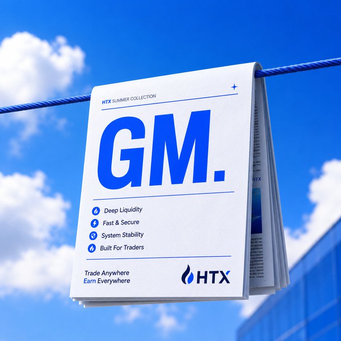 A newspaper-style promotional flyer hanging on a blue clothesline against a cloudy sky, featuring large blue 'GM.' text and listing 'Deep Liquidity, Fast & Secure, System Stability, Built For Traders' with the HTX logo and 'Trade Anywhere Earn Everywhere'.