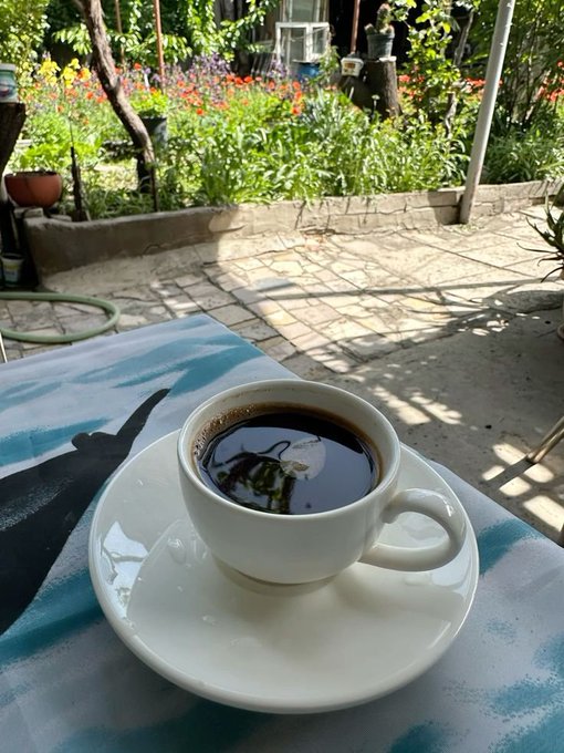 A cup of black coffee sits on a saucer atop a blue-patterned table, set in a sunlit garden patio with blooming flowers and lush greenery in the background. The image complements the "good morning" post, evoking a peaceful start to the new week filled with opportunities and prosperity for crypto enthusiasts.