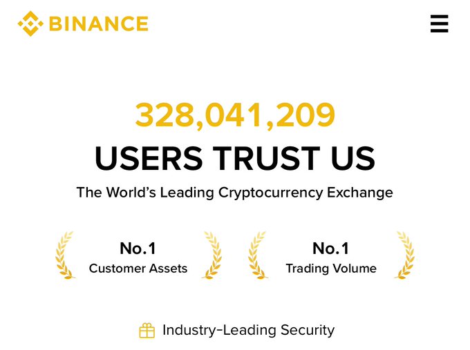 A Binance promotional banner displaying '328,041,209 USERS TRUST US' as 'The World's Leading Cryptocurrency Exchange' with No.1 rankings for Customer Assets and Trading Volume.