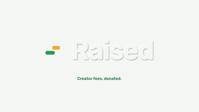 A logo and text on a white background reading 'Raised' with the tagline 'Creator fees, donated.'
