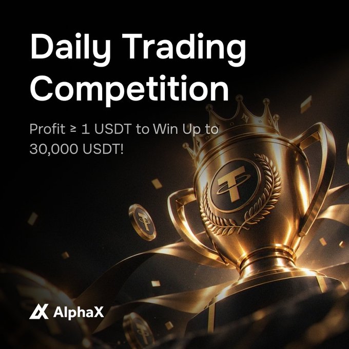 A promotional advertisement for AlphaX's Daily Trading Competition, offering up to 30,000 USDT in prizes for traders achieving at least 1 USDT in profit, featuring a golden trophy with the platform's logo.