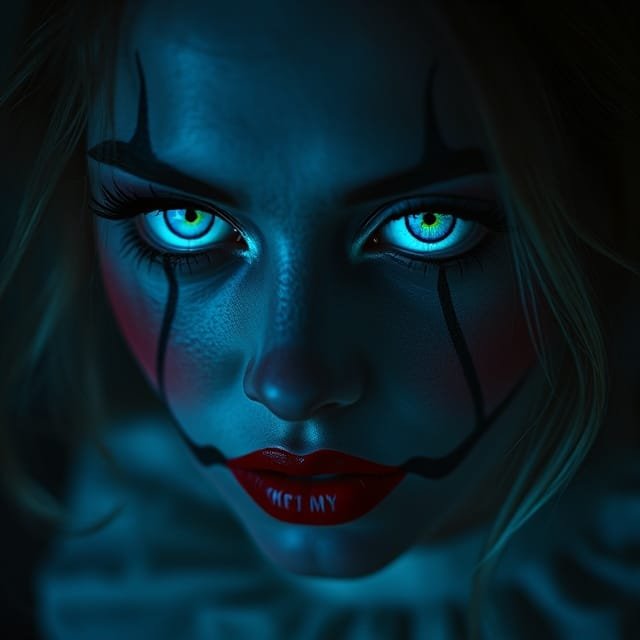 A close-up, eerie digital portrait of a pale woman with glowing teal eyes, dark tear-like markings, red lips, and partially visible text reading "ACT MY" on her lip.