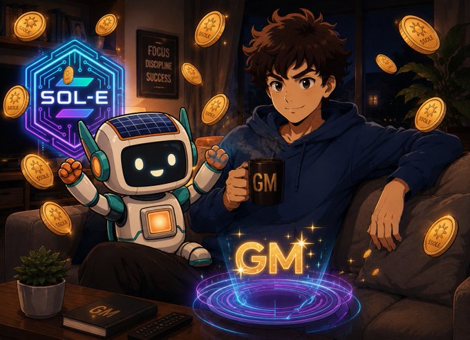 An anime-style illustration shows a young man in a blue hoodie sitting on a couch holding a 'GM' mug, next to a smiling white robot, with gold coins labeled 'SOL' floating around and a 'SOL-E' neon sign in the background.