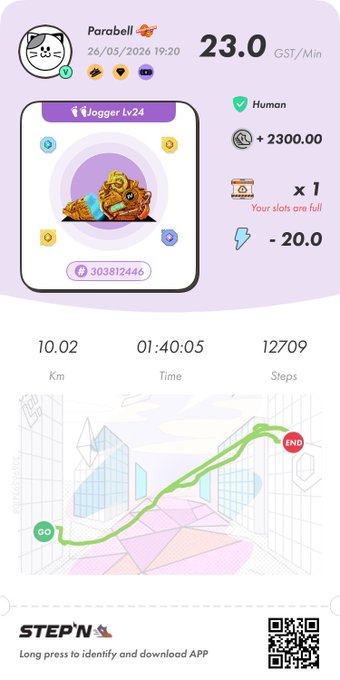 The image shows a purple screen displaying information about an app called "StepN" with a map of a city, including a path for a runner named "Pigbelle". The app also provides details about the distance traveled by the user and their current location on the map.