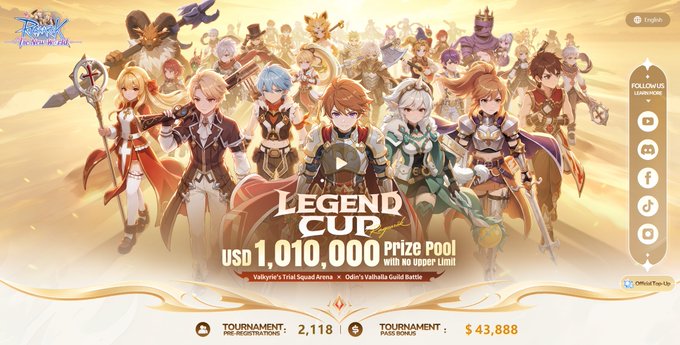 This image shows a promotional banner for the "Legend Cup" tournament in the web3 game "Ragnarok: The New World," advertising a USD $1,010,000 prize pool with no upper limit, featuring pre-registrations at 2,118 and a tournament pass bonus of $43,888 alongside its colorful anime-style character roster.