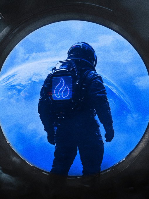 An astronaut stands silhouetted against a view of Earth through a circular spacecraft window, with a glowing flame icon on their backpack. The image captures the "Monday grind" spirit from the post—showing up ready to work even in the most extreme environment, much like an editor tackling a new week with cosmic dedication.