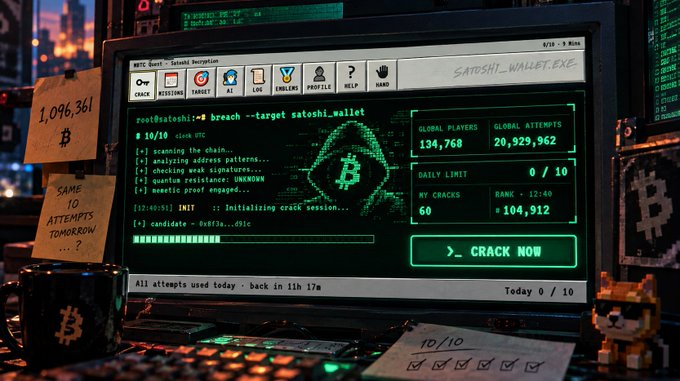 Retro hacker-style computer screen displaying 'Satoshi_Wallet.exe' with a 'CRACK NOW' button, Bitcoin symbols, and sticky notes showing '1,096,361' and 'SAME 10 ATTEMPTS TOMORROW...?'