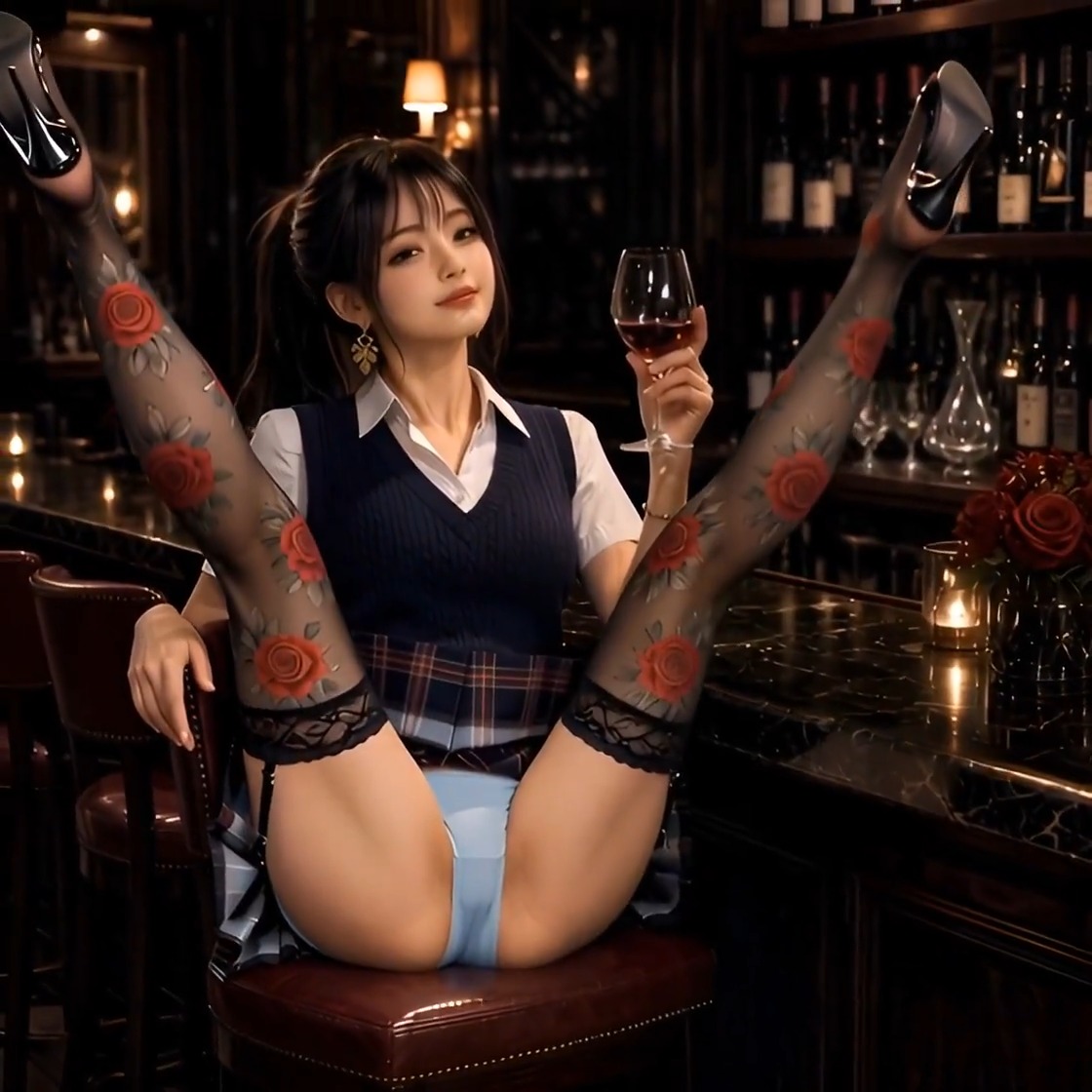A woman with long dark hair sits at a bar holding a wine glass, wearing a white shirt and plaid vest, with legs extended upward showing black heels and rose-patterned stockings.