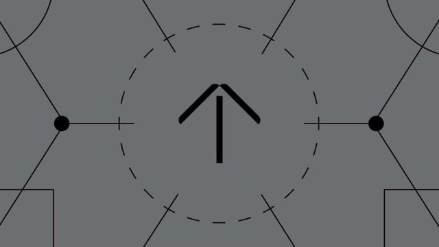 A minimalist gray diagram featuring a central upward arrow inside a dashed circle, connected by lines to two dots on either side.