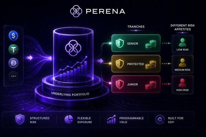 An infographic for Perena showing a portfolio being split into Senior (low risk), Protected (medium risk), and Junior (high risk) tranches, highlighting features like Structured Risk, Flexible Exposure, Programmable Yield, and Built for DeFi.