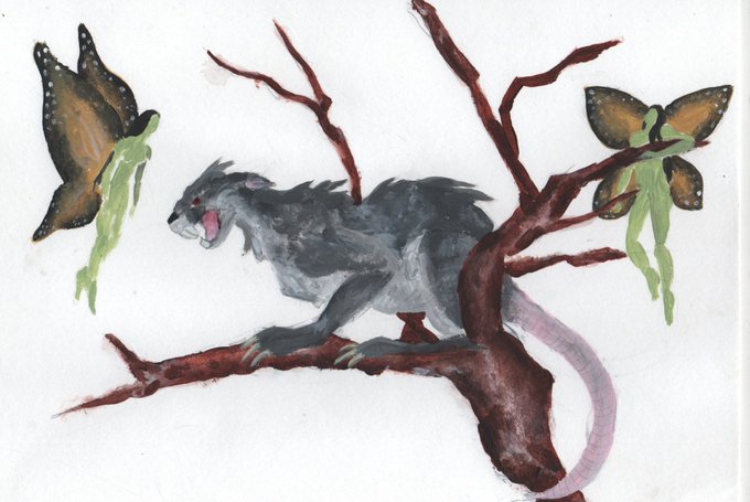 A watercolor painting of a gray, rat-like creature with an open pink mouth perched on a brown tree branch, flanked by two brown butterflies.