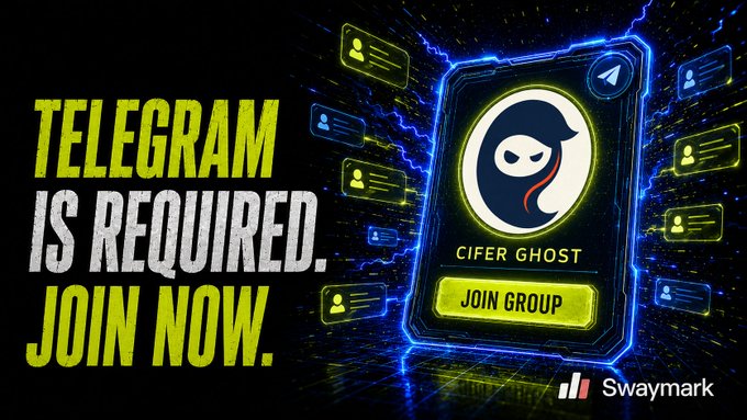 A Telegram promotional graphic reading 'TELEGRAM IS REQUIRED. JOIN NOW.' featuring 'Cifer Ghost' with a 'JOIN GROUP' button and the Swaymark logo.