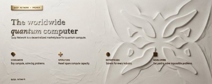 A promotional banner for Quip Network describing itself as 'The worldwide quantum computer' — a decentralized marketplace for consumers, operators, enterprises, and developers (quip.network).