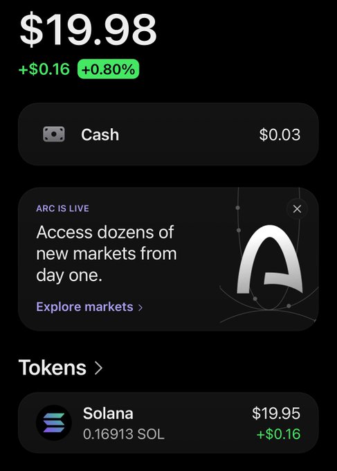 A mobile wallet interface showing a total balance of $19.98 (up $0.16 or 0.80%) with $0.03 cash, an "ARC IS LIVE" promotional banner offering access to new markets, and a Solana token holding valued at $19.95 (0.16913 SOL, up $0.16). The image appears to display the creator's wallet balance after launching tokens on the platform, illustrating the $30 stimulus earnings mentioned in the post.