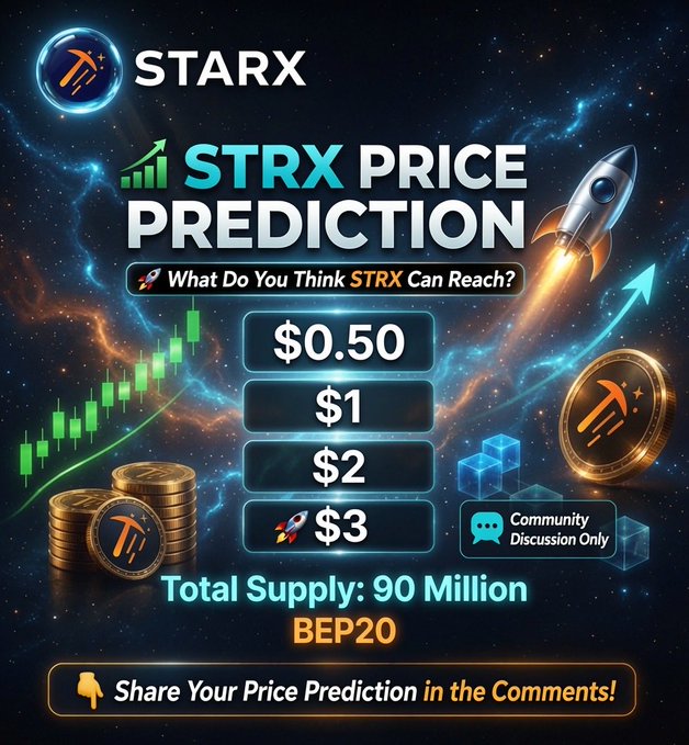 A space-themed promotional graphic for "STARX" displaying a $STRX price prediction poll with options ranging from $0.50 to $3, noting a total supply of 90 million on BEP20 (BNB Smart Chain), accompanied by a rocket, coins, and an upward chart against a cosmic background.
