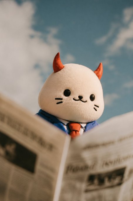 A plush toy with red devil horns, dressed in a blue suit and red tie, is photographed against a cloudy sky while appearing to read an open newspaper.