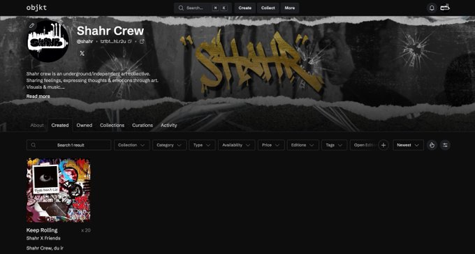 A screenshot of an NFT marketplace profile page for 'Shahr Crew' (@shahr_1/2s), described as 'an underground/independent art collective' that expresses thoughts and emotions through art, showing a collection titled 'Keep Rolling' from Shahr X Friends.