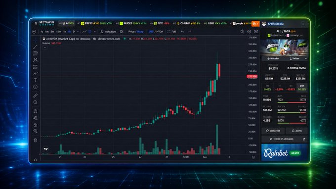 A financial trading chart interface on METAWIN showing AI/NVDA stock (artificial intelligence token) with candlestick data, current price around $238.88, and a positive 22.84% change, alongside a Rainbow wallet promotion.