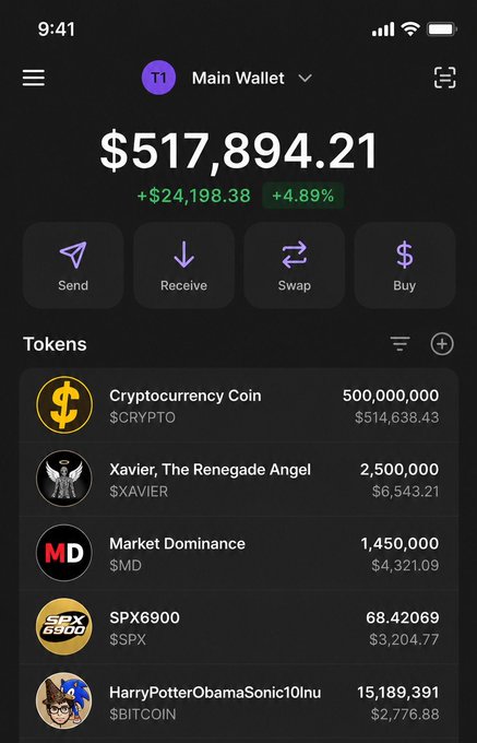 A mobile crypto wallet app displays a "Main Wallet" with a total balance of $517,894.21, showing holdings including 500,000,000 $CRYPTO ($514,638.43) and other tokens like $XAVIER, $MD, $SPX, and $BITCOIN, supporting the post's claim of holding 50% of the $CRYPTO supply.