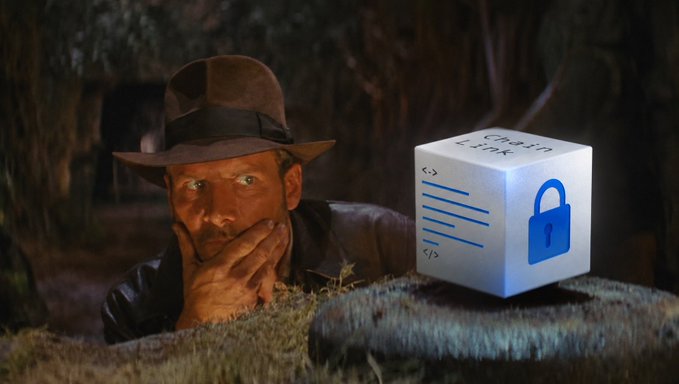 A man in a fedora (resembling Indiana Jones) peers curiously at a white cube labeled 'Chain Link' featuring a blue padlock icon, set in a dimly lit jungle/temple scene.