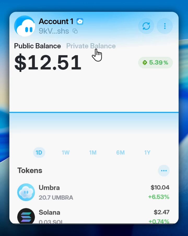 The image shows a screenshot of an app called @Umbra Privacy that allows users to protect their assets using Solana's blockchain technology. The app displays a screen with information about private balance, tokens, and other relevant details. A user is shown pointing at the private balance section on the screen, indicating they are interested in learning more about how to use this feature.