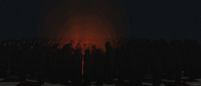A dark, atmospheric digital artwork depicts a crowd of shadowy hooded figures standing in a circle around a glowing red light under a starry night sky.