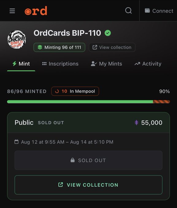 A mobile screen showing the OrdCards BIP-110 collection on Ord, indicating 86/96 minted, 10 in mempool, with the public sale sold out.