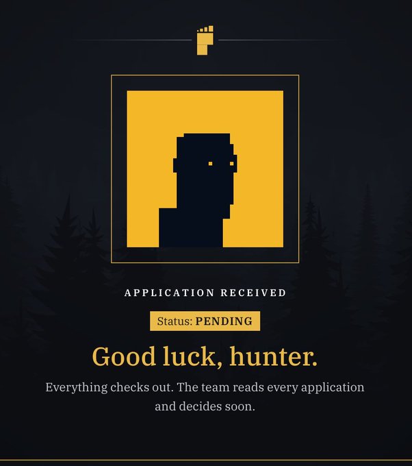 A pixel-art graphic showing a 'Good luck, hunter' application received confirmation with a 'Status: PENDING' label, noting that the team reviews all applications.