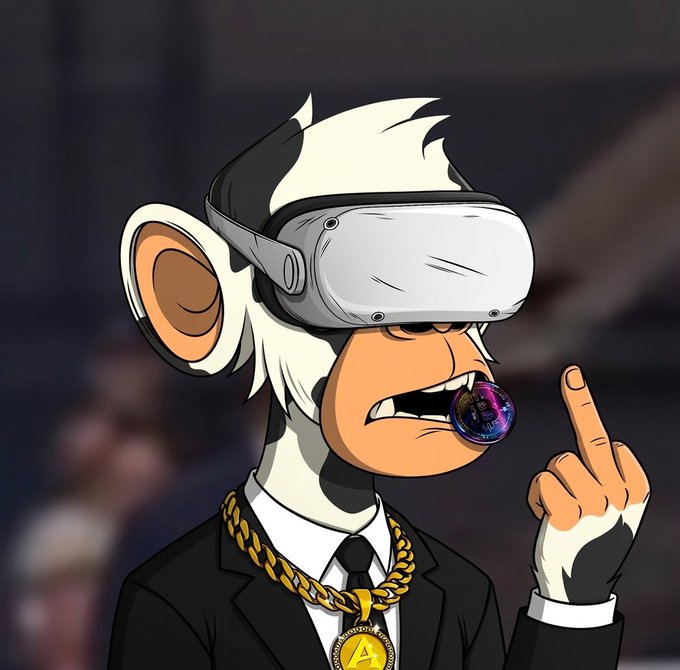 A cartoon illustration of a Bored Ape-style NFT character wearing a white suit and gold chain, sporting a VR headset and a bubblegum bubble displaying an 'ApeCoin' logo.