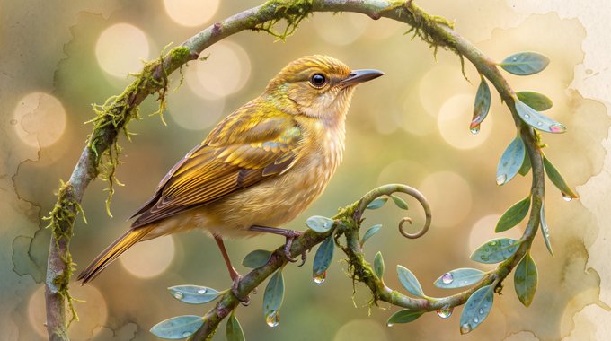 A watercolor-style painting of a small yellow-brown bird perched on a curved, moss-covered branch with green leaves and water droplets, set against a warm bokeh background.