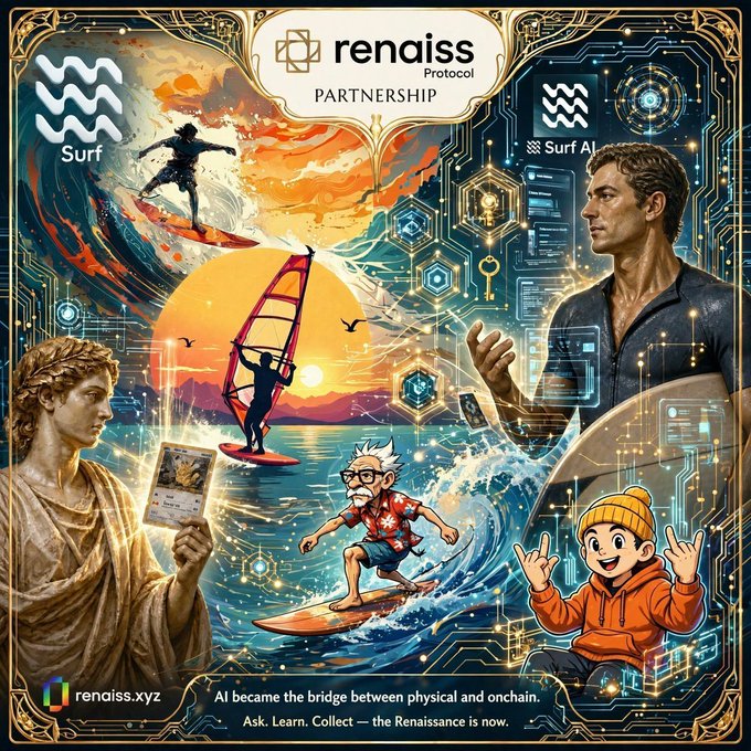 A promotional graphic for 'Renaiss Protocol' partnership with Surf AI showing a statue, a tech man, and cartoon characters windsurfing with the tagline 'AI became the bridge between physical and onchain.'